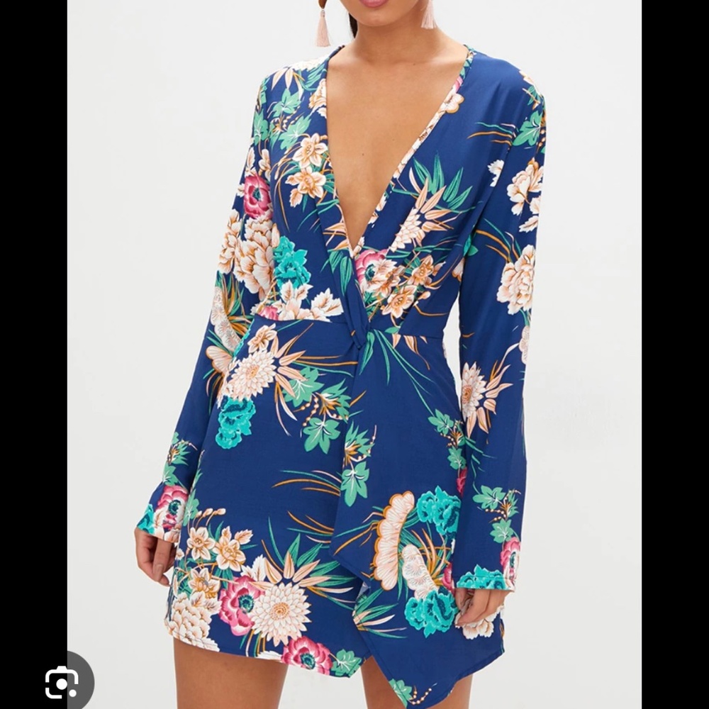 Blue floral wrap dress